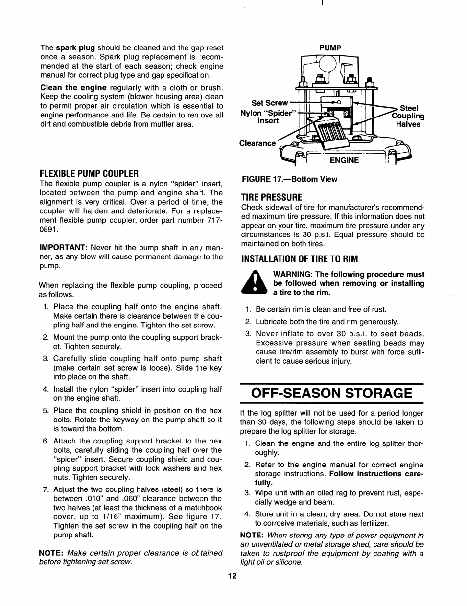 Flexible pump coupler, Tire pressure, Installation of tire to rim | Off-season storage | MTD 242-632-000 User Manual | Page 12 / 20