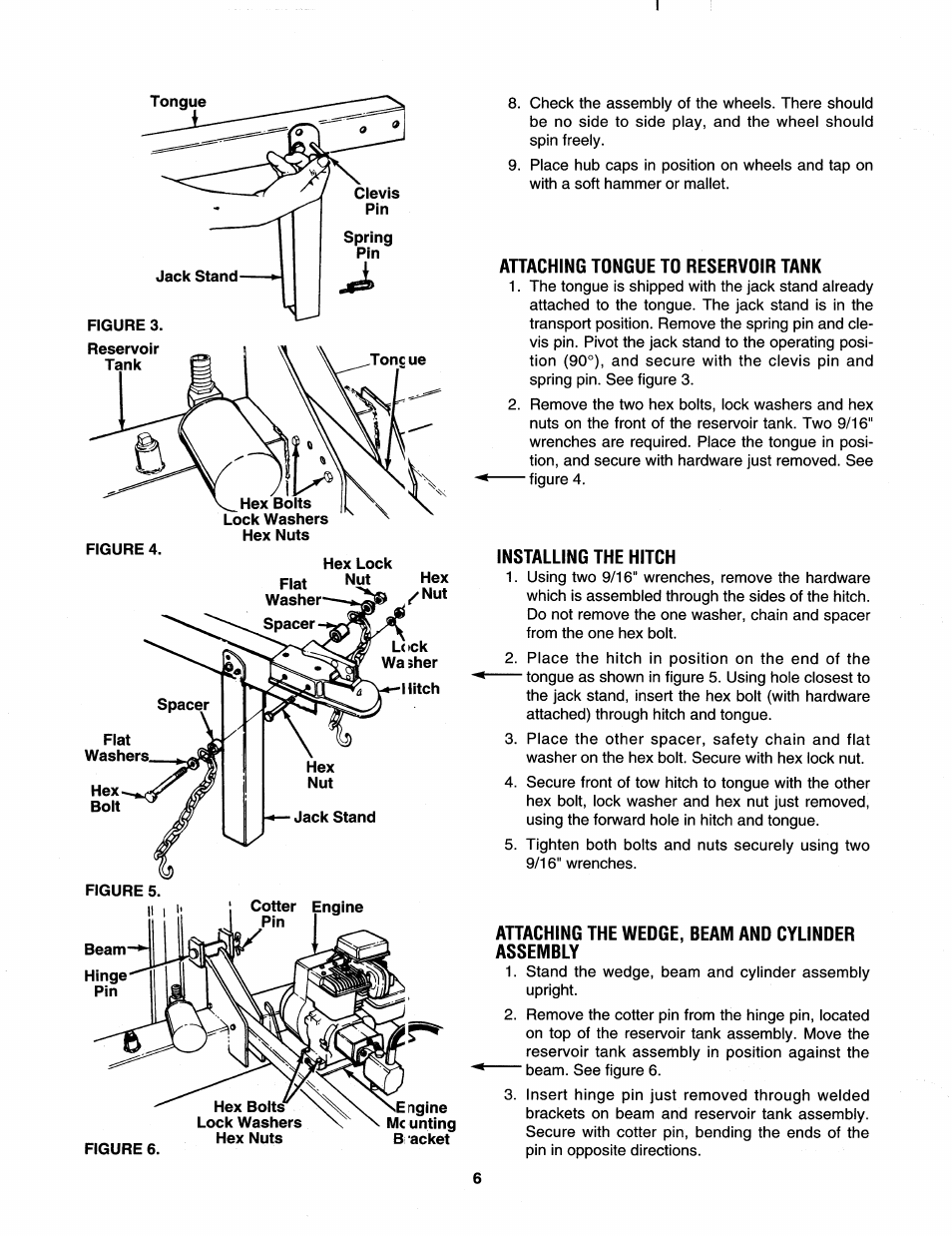 Attaching tongue to reservoir tank, Installing the hitch, Attaching the wedge, beam and cylinder assembly | MTD 242-632-000 User Manual | Page 6 / 20