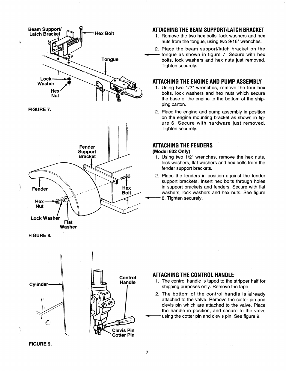 Ahaching the beam support/latch bracket, Attaching the engine and pump assembly, Attaching the fenders | Attaching the control handle | MTD 242-632-000 User Manual | Page 7 / 20