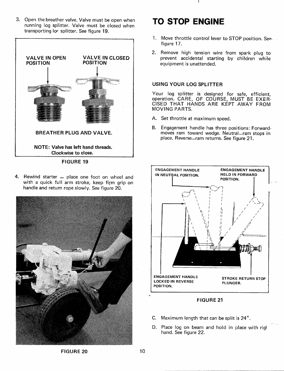 Valve in open position, Valve in closed position, Breather plug and valve | Figure 19, Using your log splitter, Figure 21 | MTD 249-645A User Manual | Page 10 / 20