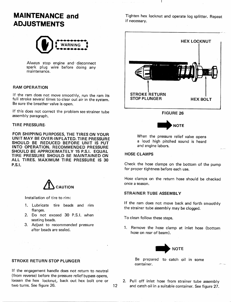 Maintenance and adjustments, Ram operation, Tire pressure | Hex locknut, Figure 26, Hose clamps, Strainer tube assembly, Stroke return stop plunger | MTD 249-645A User Manual | Page 12 / 20