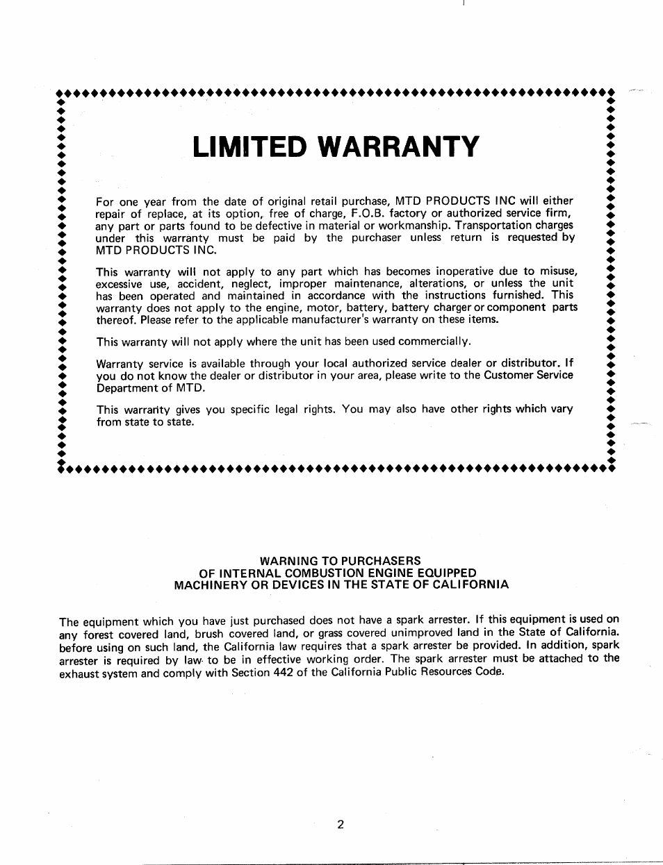 Limited warranty | MTD 249-645A User Manual | Page 2 / 20