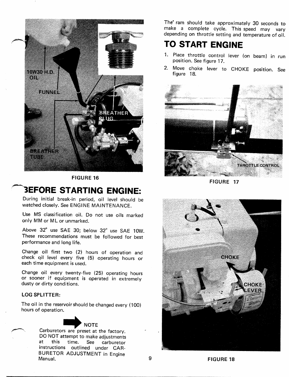 Log splitter, To start engine | MTD 249-645A User Manual | Page 9 / 20