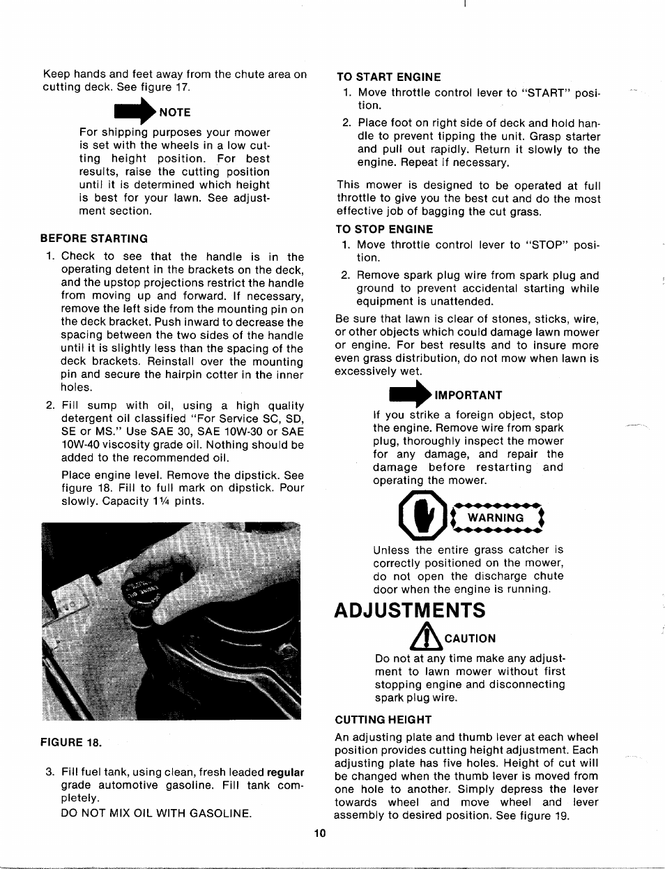 Note, Before starting, To start engine | To stop engine, Important, Warning, Adjustments, Cutting height | MTD 112-638A User Manual | Page 10 / 16