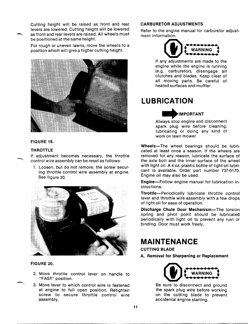 Throttle, Carburetor adjustments, Warning | Lubrication, Important, Maintenance, Cutting blade | MTD 112-638A User Manual | Page 11 / 16