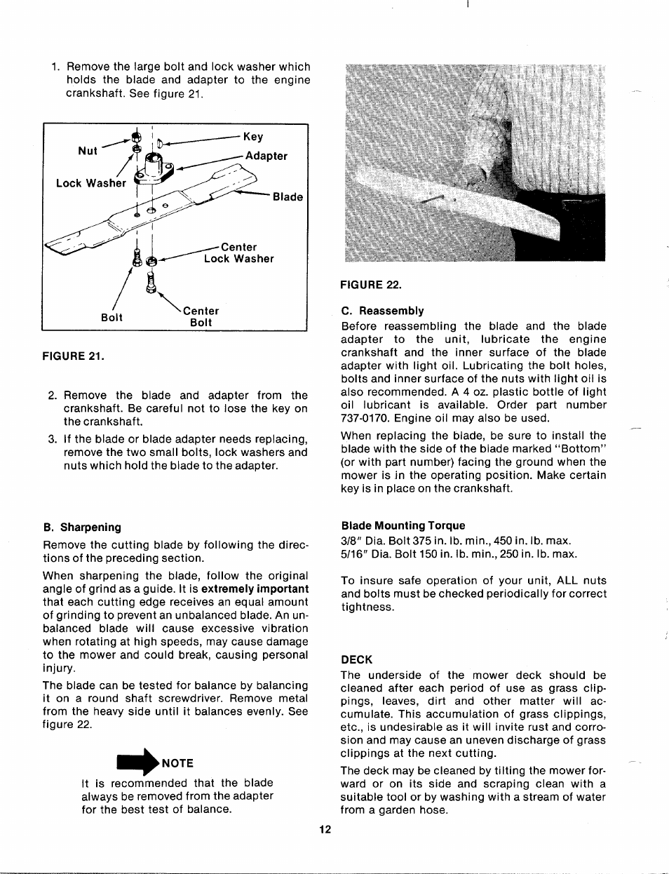 Figure 22, C. reassembly, B. sharpening | Blade mounting torque, Deck | MTD 112-638A User Manual | Page 12 / 16