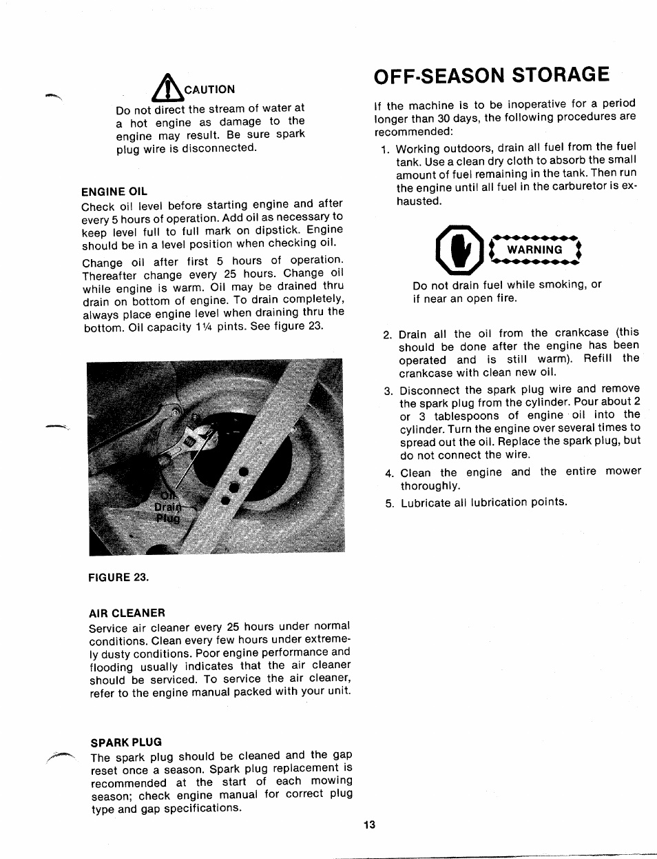 Caution, Engine oil, Off-season storage | Air cleaner, Spark plug | MTD 112-638A User Manual | Page 13 / 16