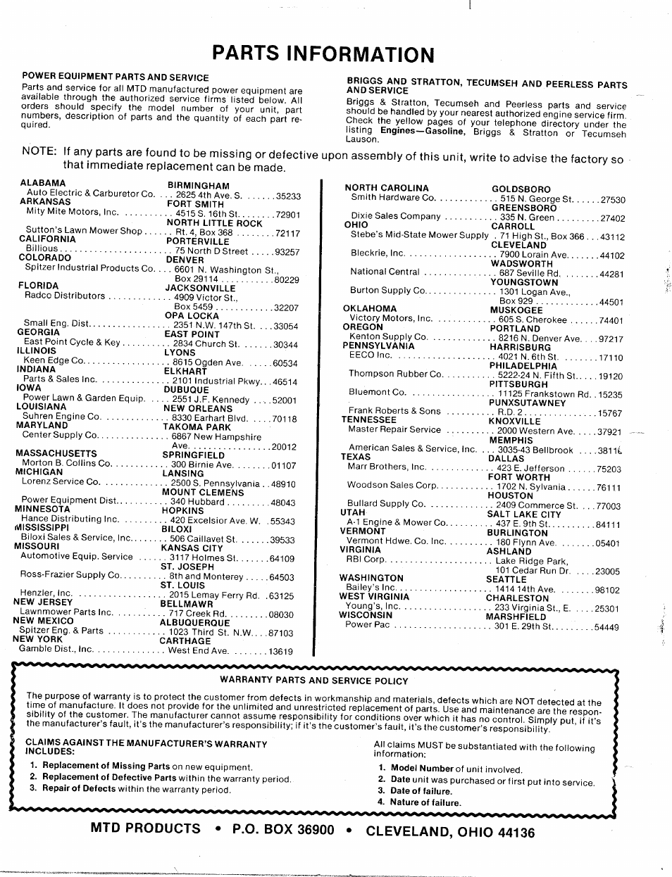 Parts information | MTD 112-638A User Manual | Page 16 / 16
