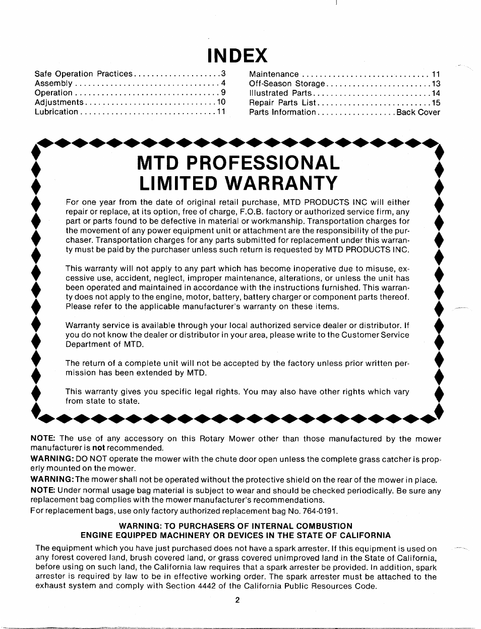 Index, Mtd professional limited warranty | MTD 112-638A User Manual | Page 2 / 16