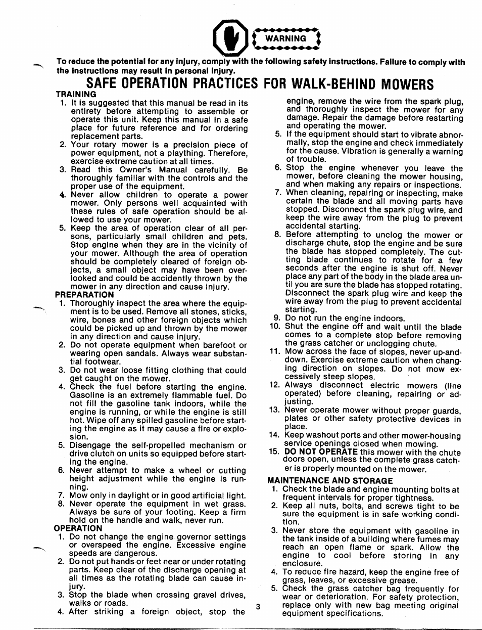 Safe operation practices for walk-behind mowers | MTD 112-638A User Manual | Page 3 / 16