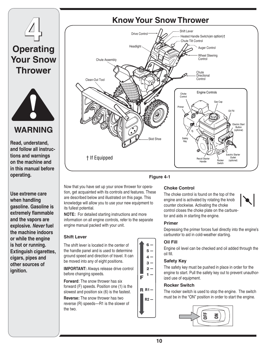 Operating your snow thrower, Know your snow thrower, Warning | MTD Troy-Bilt User Manual | Page 10 / 56