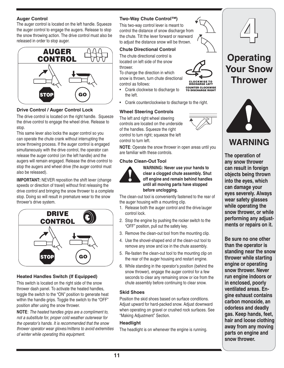 Operating your snow thrower, Warning | MTD Troy-Bilt User Manual | Page 11 / 56