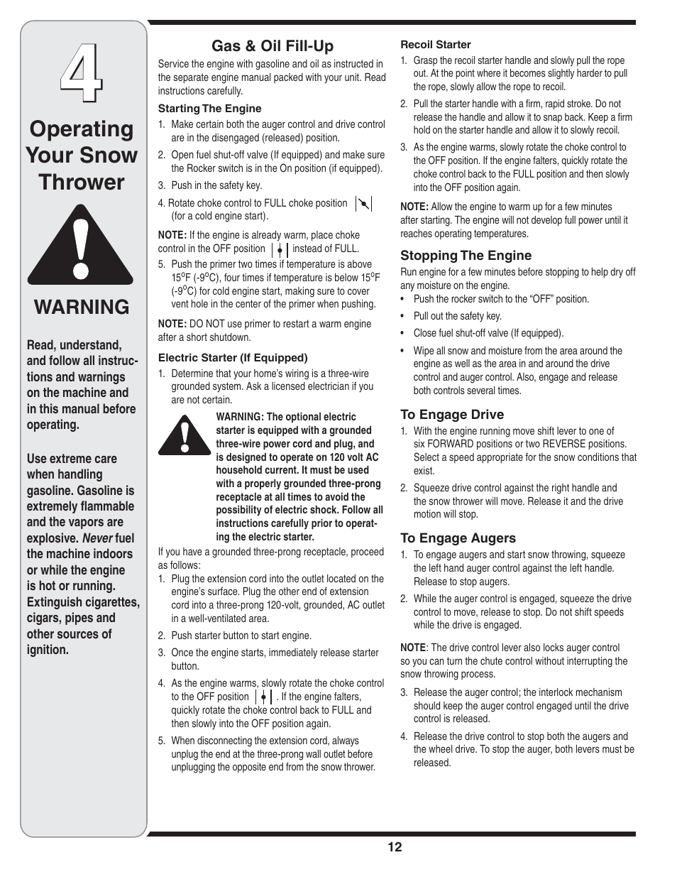 Operating your snow thrower, Warning, Gas & oil fill-up | MTD Troy-Bilt User Manual | Page 12 / 56