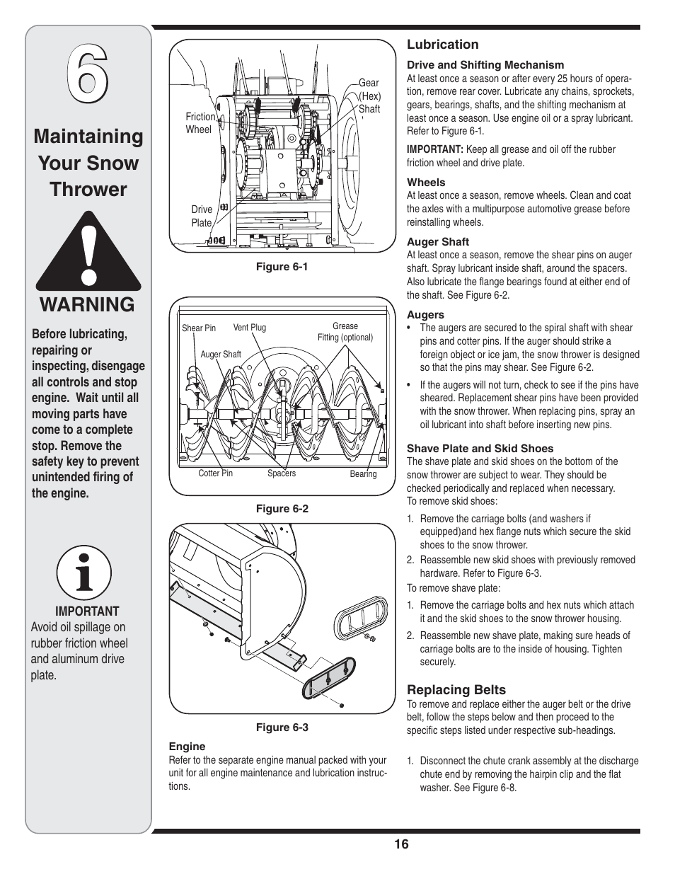 Maintaining your snow thrower warning | MTD Troy-Bilt User Manual | Page 16 / 56