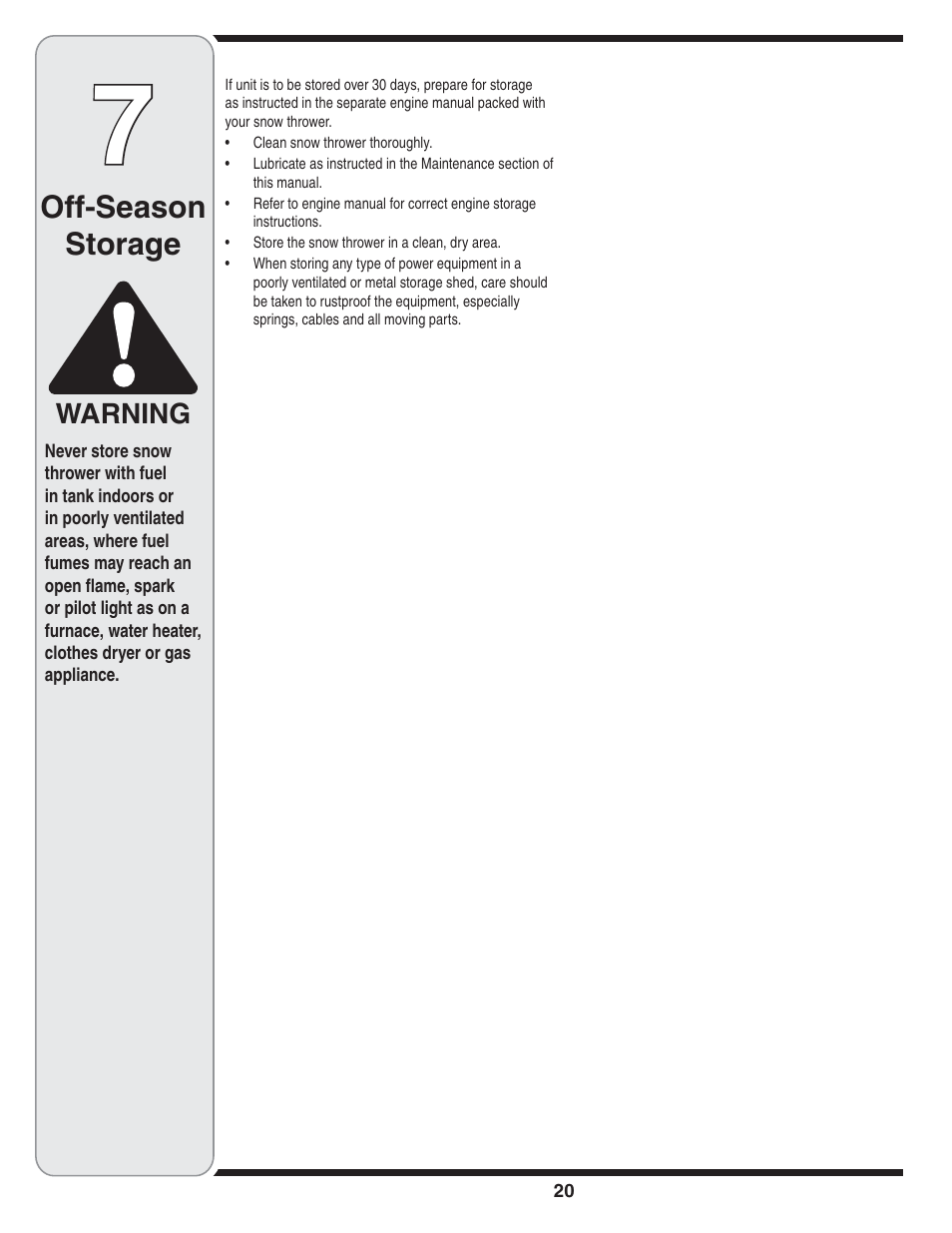 Off-season storage, Warning | MTD Troy-Bilt User Manual | Page 20 / 56