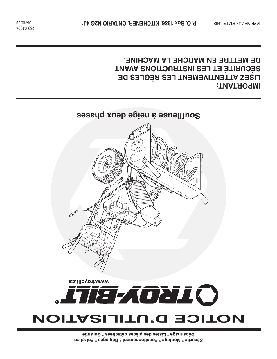 Notice d’utilisa tion, Souffleuse à neige deux phases | MTD Troy-Bilt User Manual | Page 56 / 56