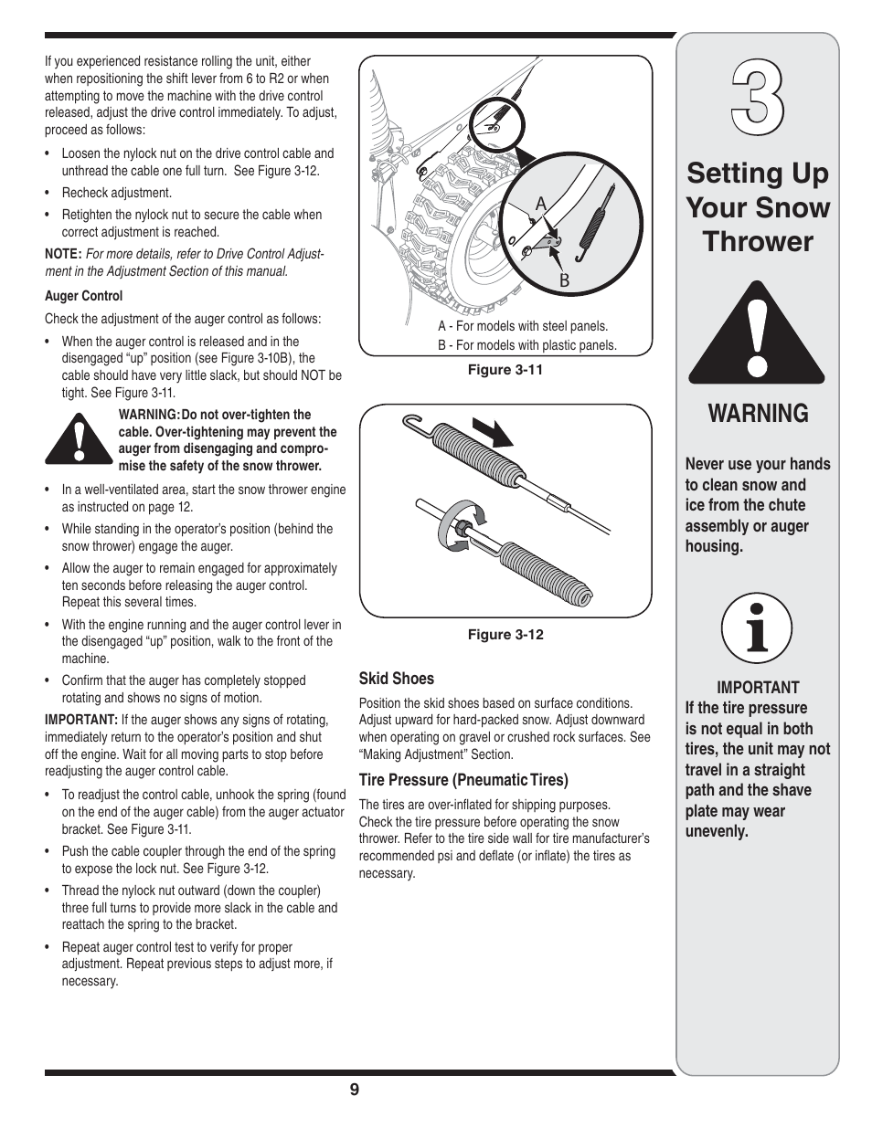 Setting up your snow thrower, Warning | MTD Troy-Bilt User Manual | Page 9 / 56