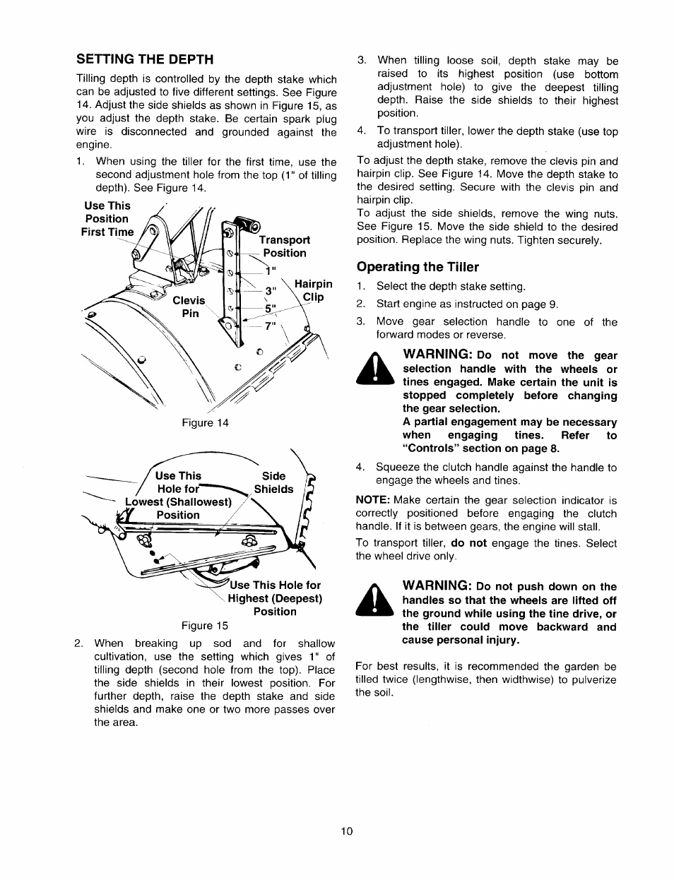 Setting the depth, Operating the tiller | MTD 410 - 422 User Manual | Page 10 / 20