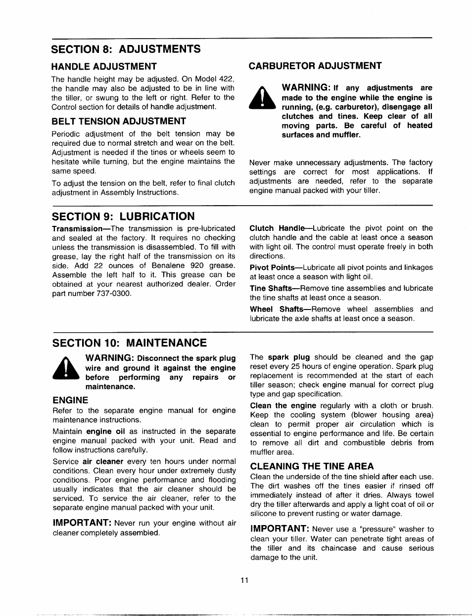 Sections: adjustments, Handle adjustment, Belt tension adjustment | Carburetor adjustment, Sections: lubrication, Section 10: maintenance, Engine, Cleaning the tine area | MTD 410 - 422 User Manual | Page 11 / 20