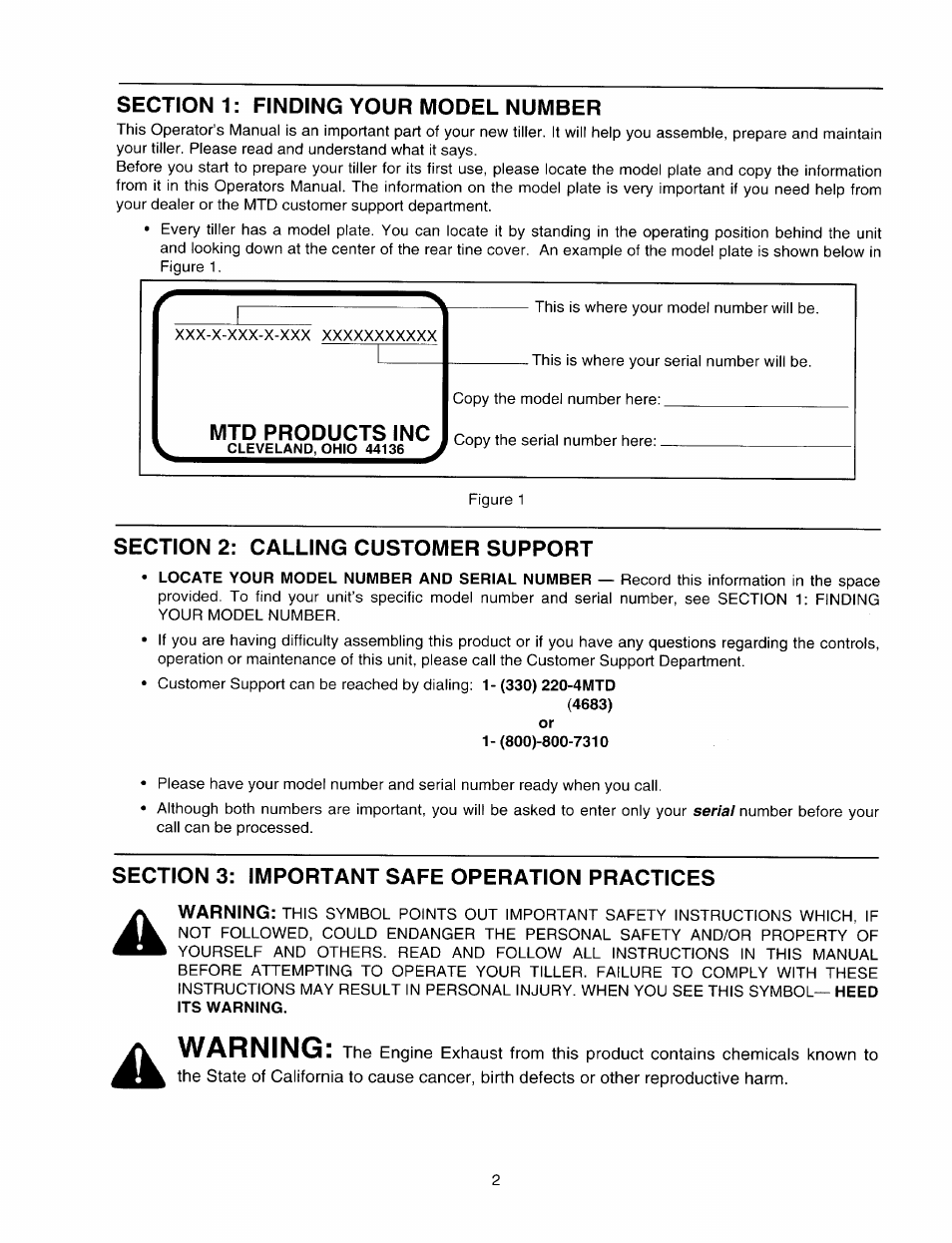 Section 1: finding your model number, Mtd products inc, Section 2: calling customer support | Section 3: important safe operation practices, Warning | MTD 410 - 422 User Manual | Page 2 / 20