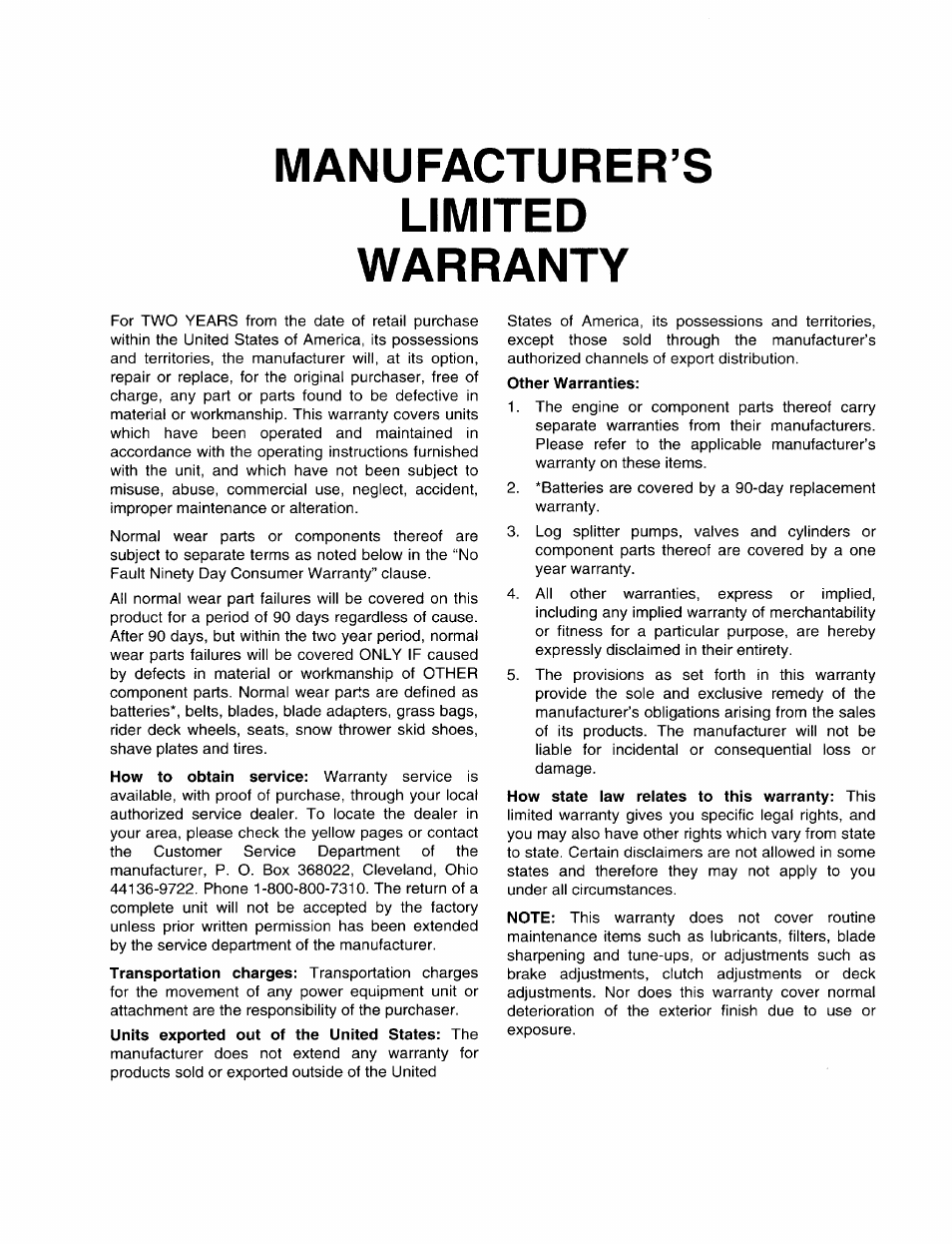 Manufacturer’s, Limited, Warranty | Manufacturer’s limited warranty | MTD 410 - 422 User Manual | Page 20 / 20