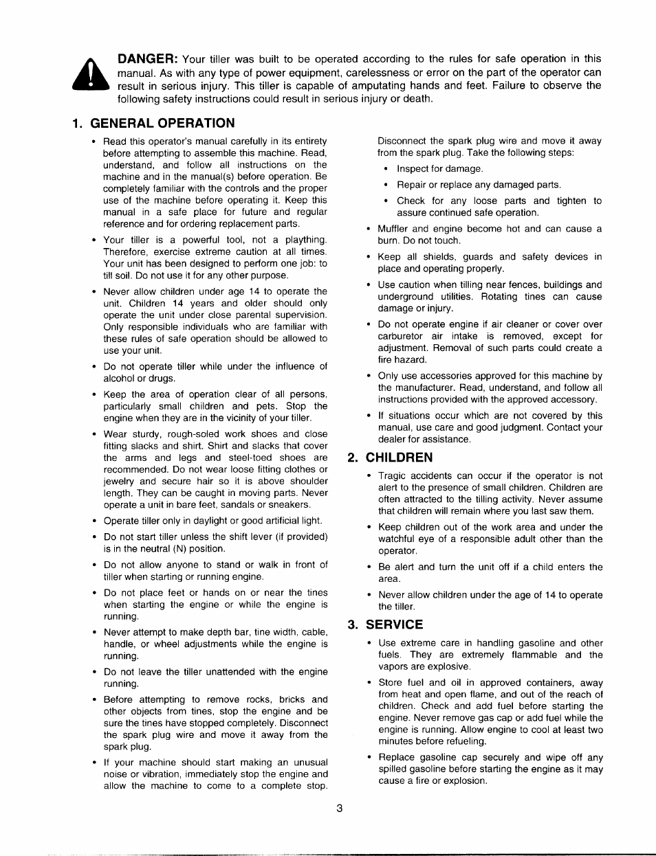 General operation, Children, Service | Danger | MTD 410 - 422 User Manual | Page 3 / 20