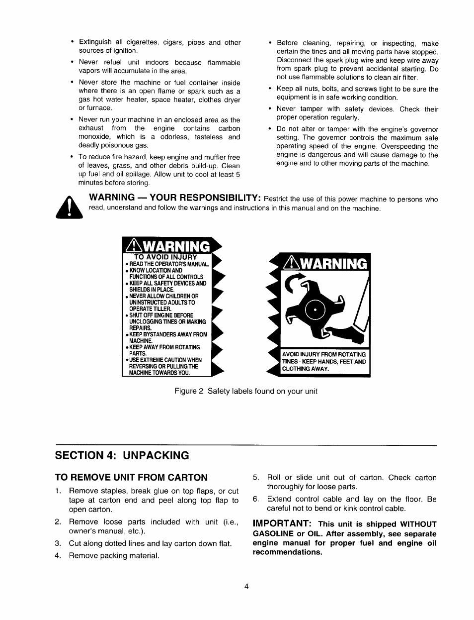 Section 4: unpacking, To remove unit from carton, Warning | Warning — your responsibility, Important | MTD 410 - 422 User Manual | Page 4 / 20