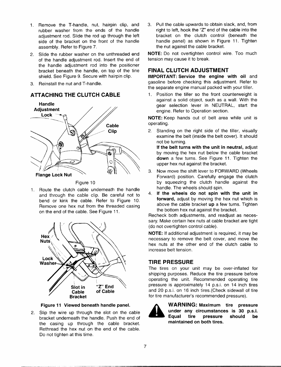 Attaching the clutch cable, Final clutch adjustment, Tire pressure | MTD 410 - 422 User Manual | Page 7 / 20