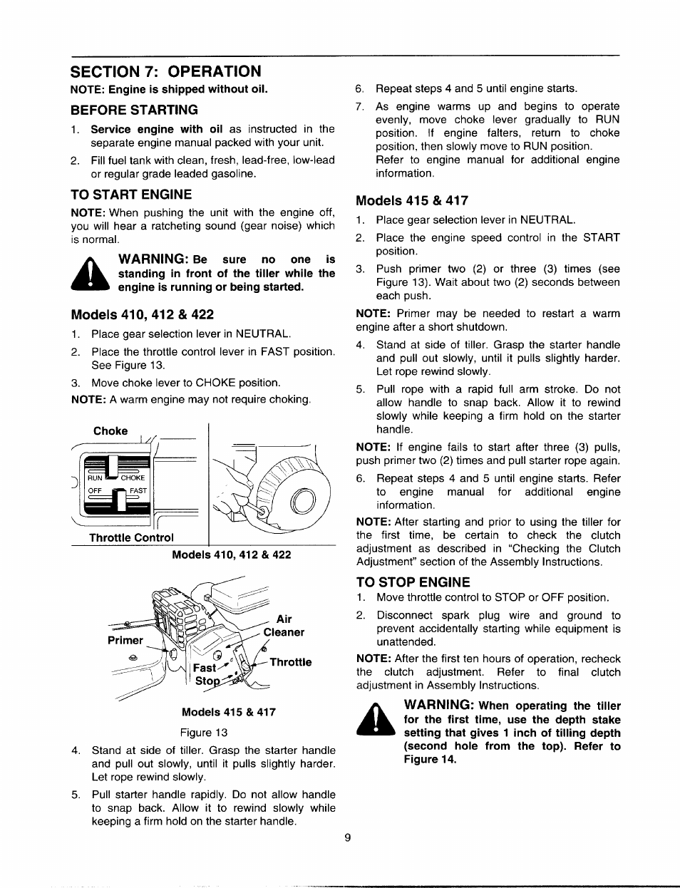Section?: operation, Before starting, To start engine | Models 410, 412 & 422, Models 415 & 417, To stop engine | MTD 410 - 422 User Manual | Page 9 / 20