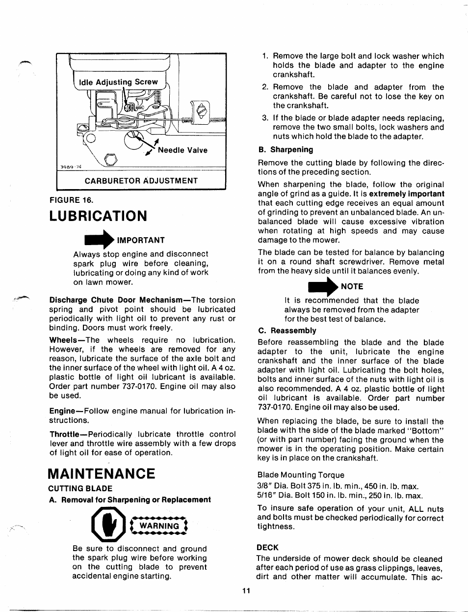 Lubrication, Important, Maintenance | Cutting blade, Twarm g t, Note, Deck, Lubrication maintenance | MTD 111-328-300 User Manual | Page 11 / 19