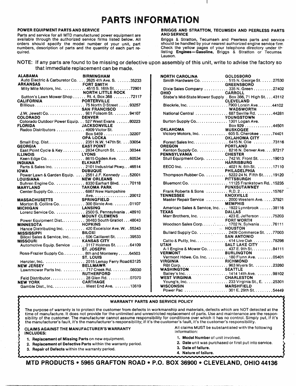 Parts information | MTD 111-328-300 User Manual | Page 19 / 19