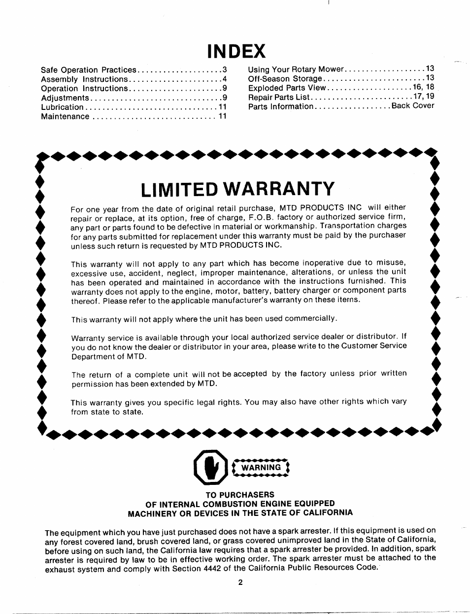 To purchasers, Index, Limited warranty | MTD 111-328-300 User Manual | Page 2 / 19