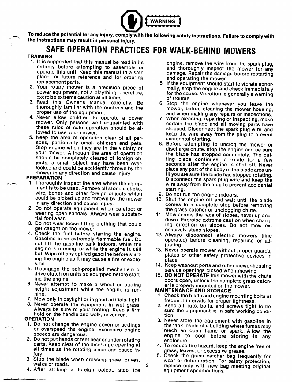 Safe operation practices for walk-behino mowers | MTD 111-328-300 User Manual | Page 3 / 19