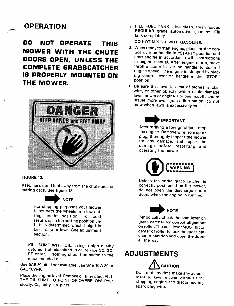 Operation, Warning, Adjustments | MTD 111-328-300 User Manual | Page 9 / 19