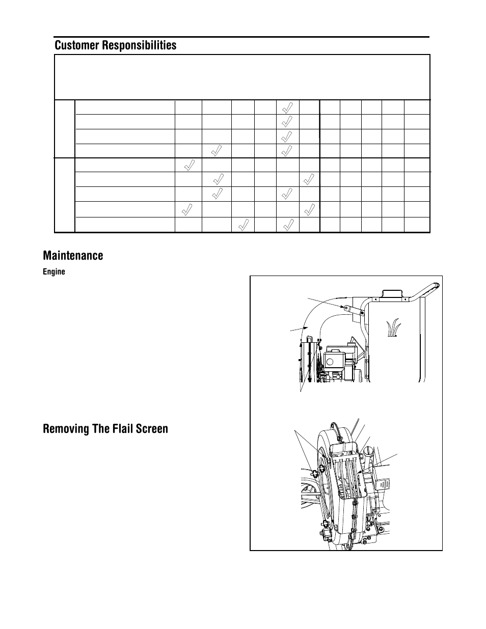 Maintenance, Removing the flail screen, Customer responsibilities | MTD Yard-Man 203 User Manual | Page 10 / 20