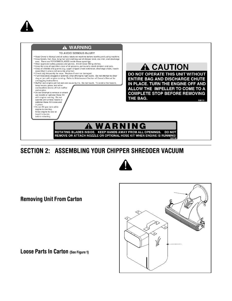 Removing unit from carton, Loose parts in carton | MTD Yard-Man 203 User Manual | Page 5 / 20