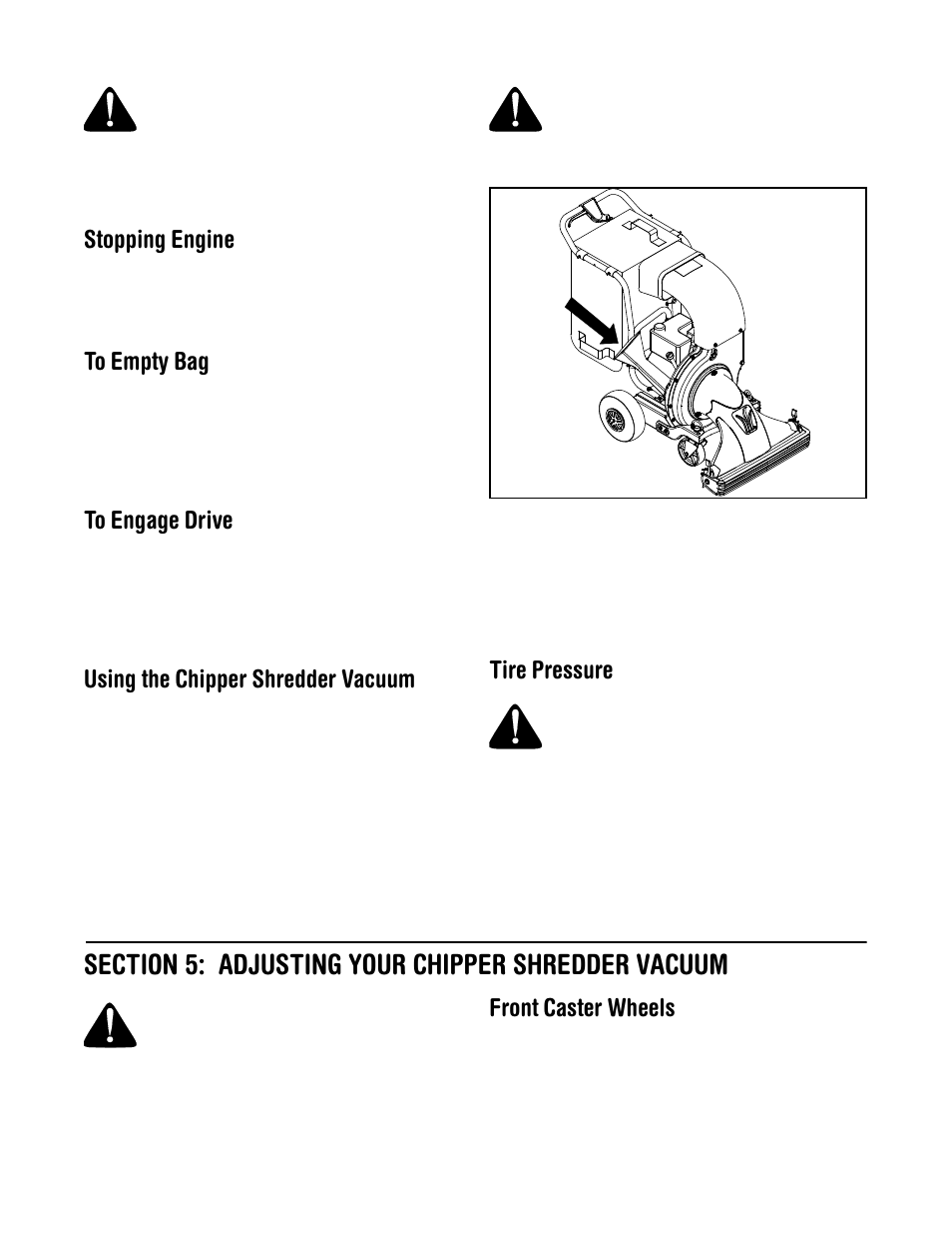 Stopping engine, Using the chipper shredder vacuum, Tire pressure | Front caster wheels | MTD Yard-Man 203 User Manual | Page 8 / 20