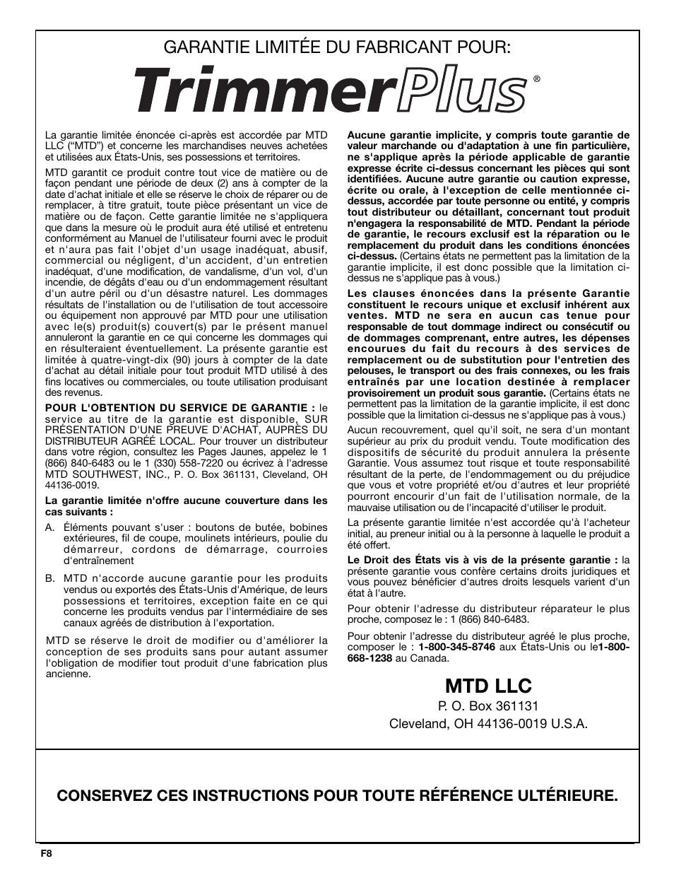 Mtd llc, Garantie limitée du fabricant pour | MTD BT720r User Manual | Page 16 / 28