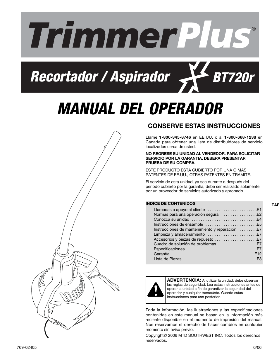 Manual del operador, Recortador / aspirador, Bt720r | MTD BT720r User Manual | Page 17 / 28