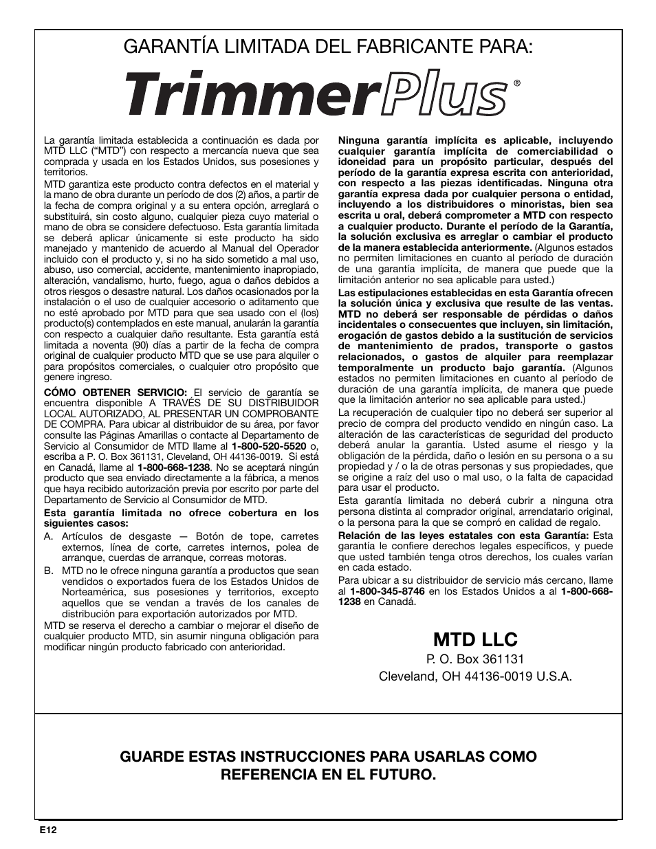 Garantía limitada del fabricante para, Mtd llc | MTD BT720r User Manual | Page 28 / 28