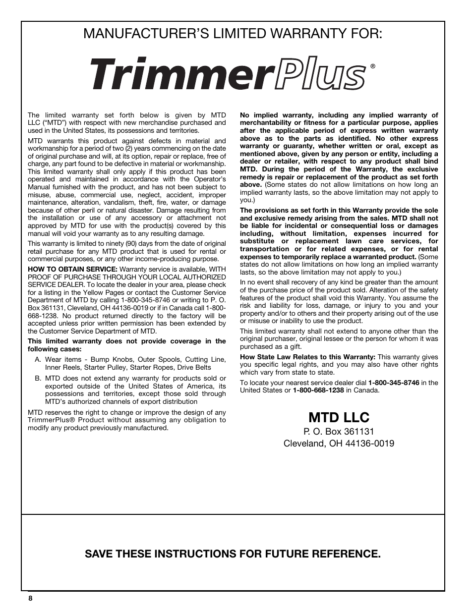 Manufacturer’s limited warranty for, Mtd llc, Save these instructions for future reference | MTD BT720r User Manual | Page 8 / 28