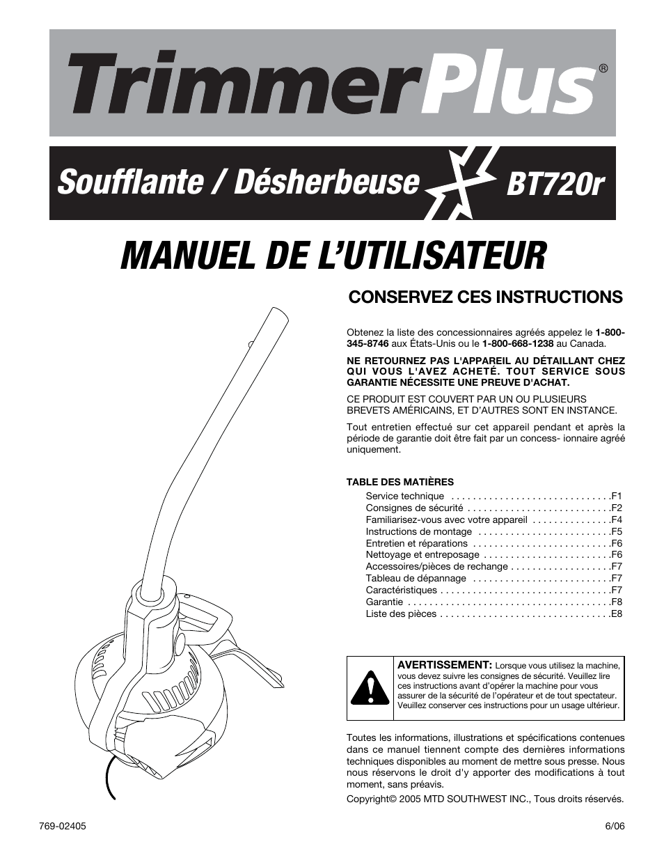 Manuel de l’utilisateur, Soufflante / désherbeuse, Bt720r | MTD BT720r User Manual | Page 9 / 28
