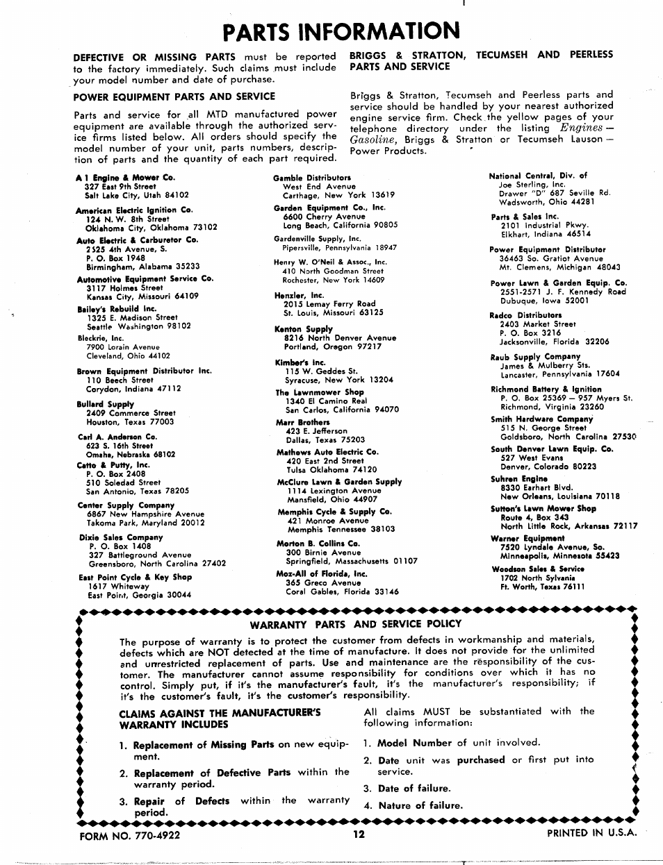 Parts information, Defective or missing parts, Power equipment parts and service | Warranty parts and service policy, Replacement, Missing parts, Model number, Ment, Replacement of defective parts, Warranty period. 3. repair of defects | MTD 214-100A User Manual | Page 12 / 12