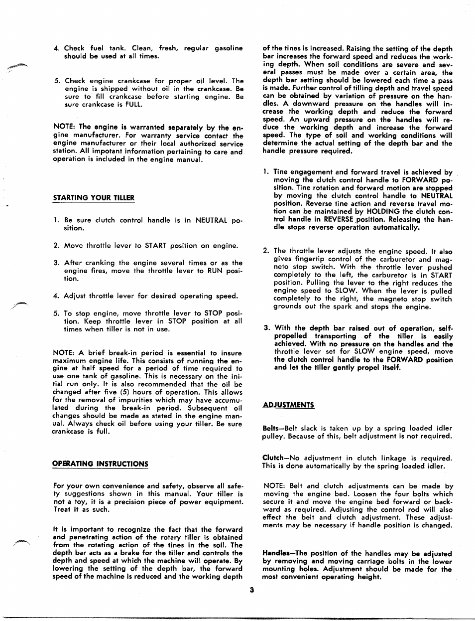 Starting your tiller, Adjustments, Operating instructions | MTD 214-100A User Manual | Page 3 / 12