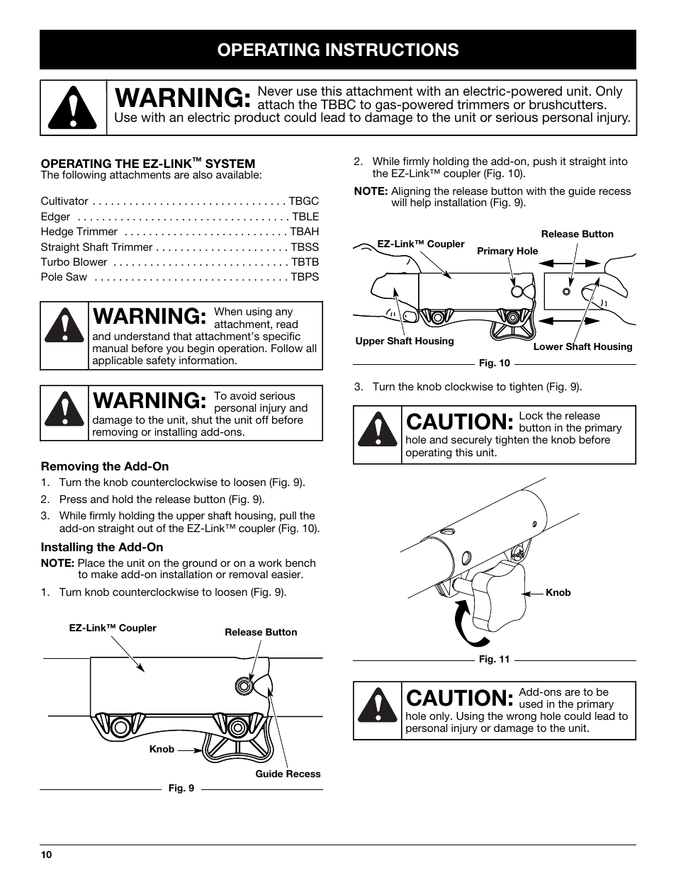 Warning, Caution, Operating instructions | MTD TBBC User Manual | Page 10 / 48