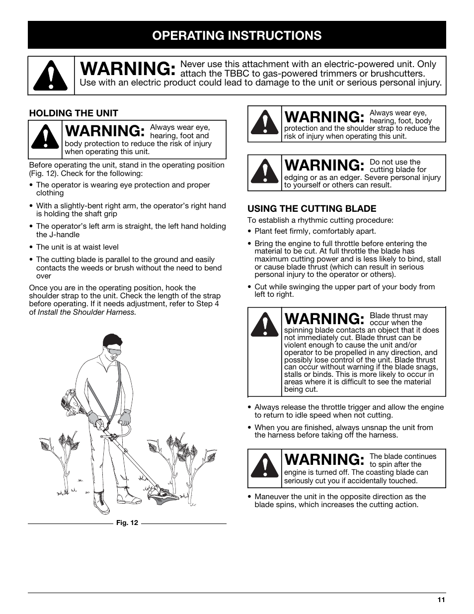 Warning, Operating instructions | MTD TBBC User Manual | Page 11 / 48