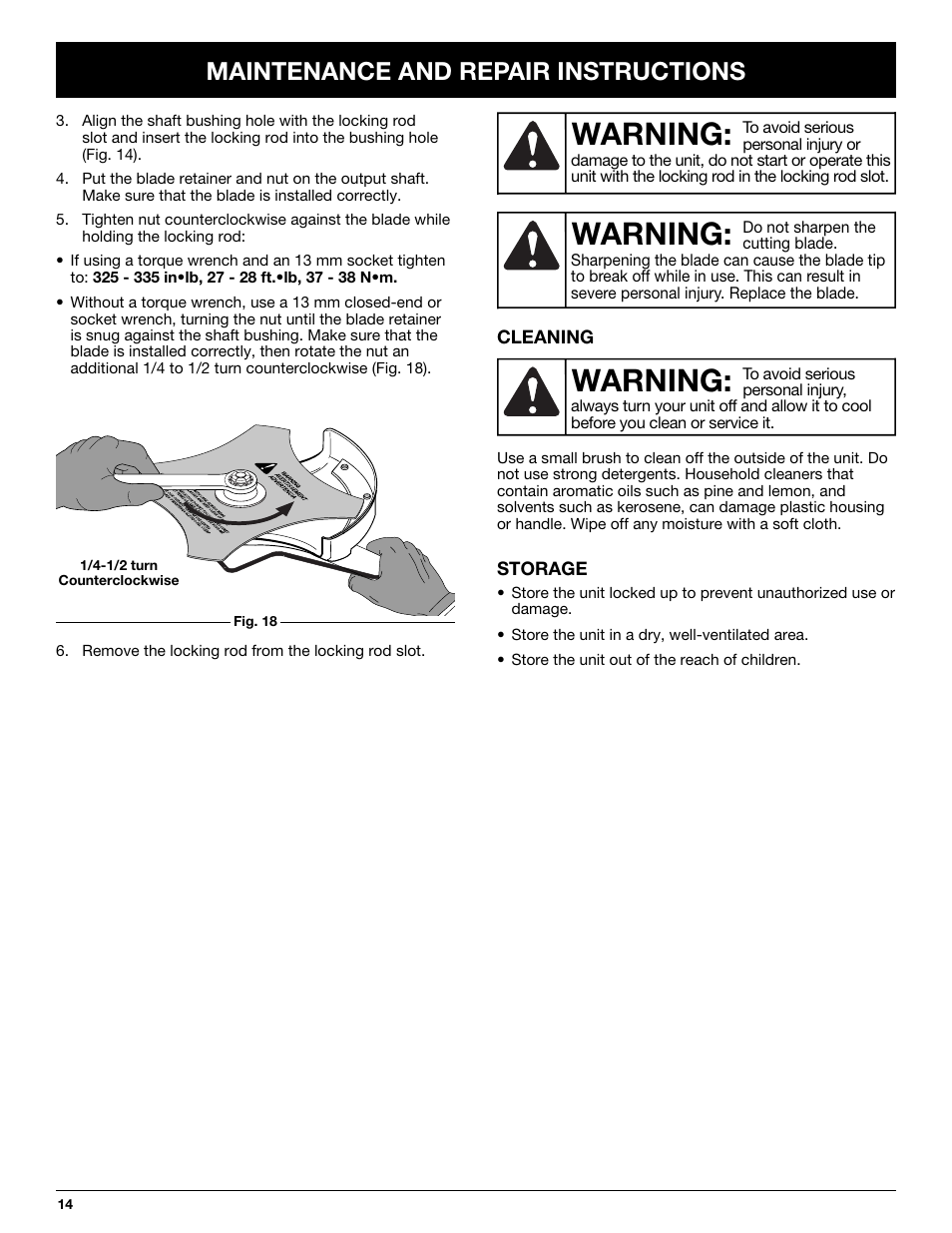 Warning, Maintenance and repair instructions | MTD TBBC User Manual | Page 14 / 48