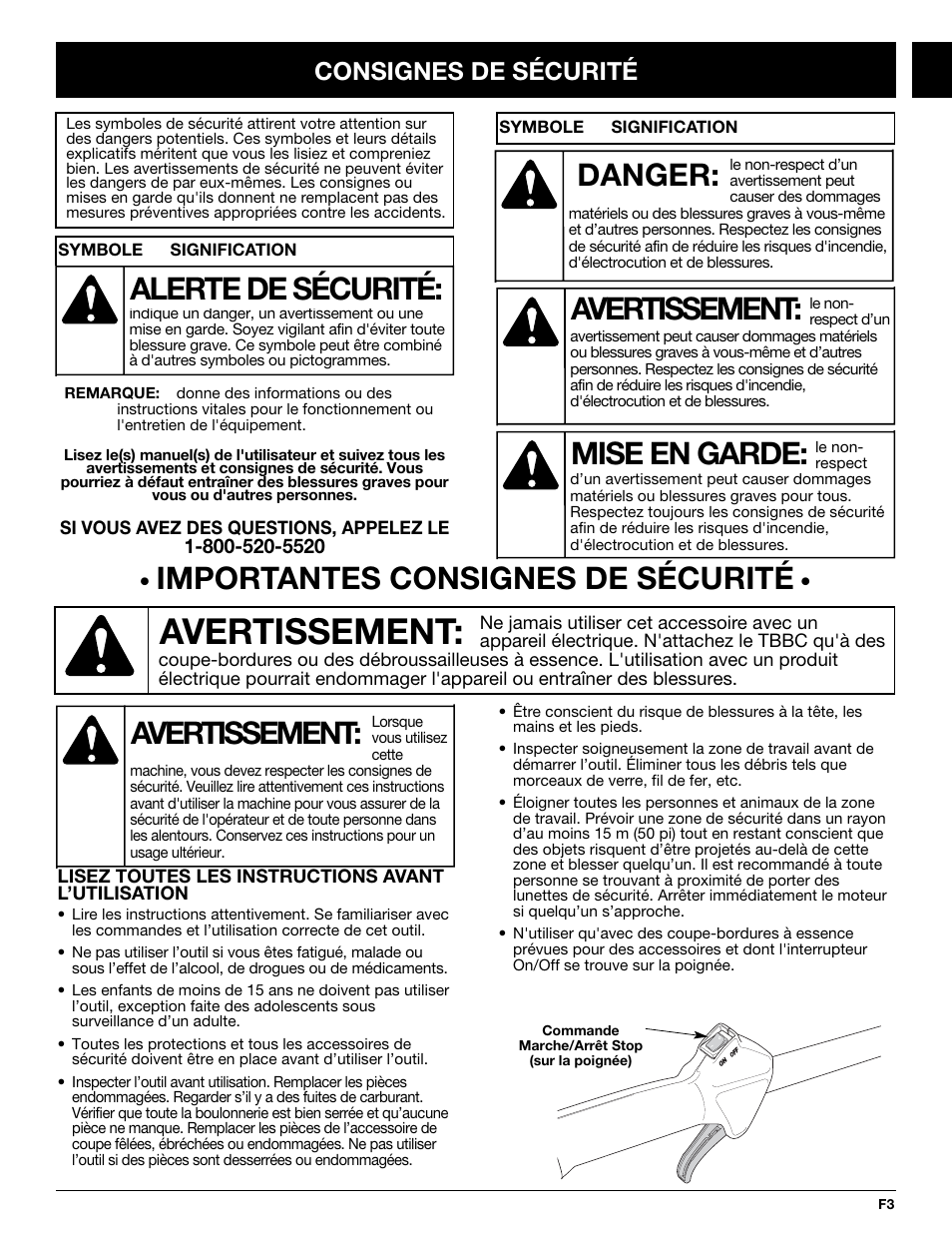 Avertissement, Danger, Mise en garde | Alerte de sécurité, Importantes consignes de sécurité, Consignes de sécurité | MTD TBBC User Manual | Page 19 / 48