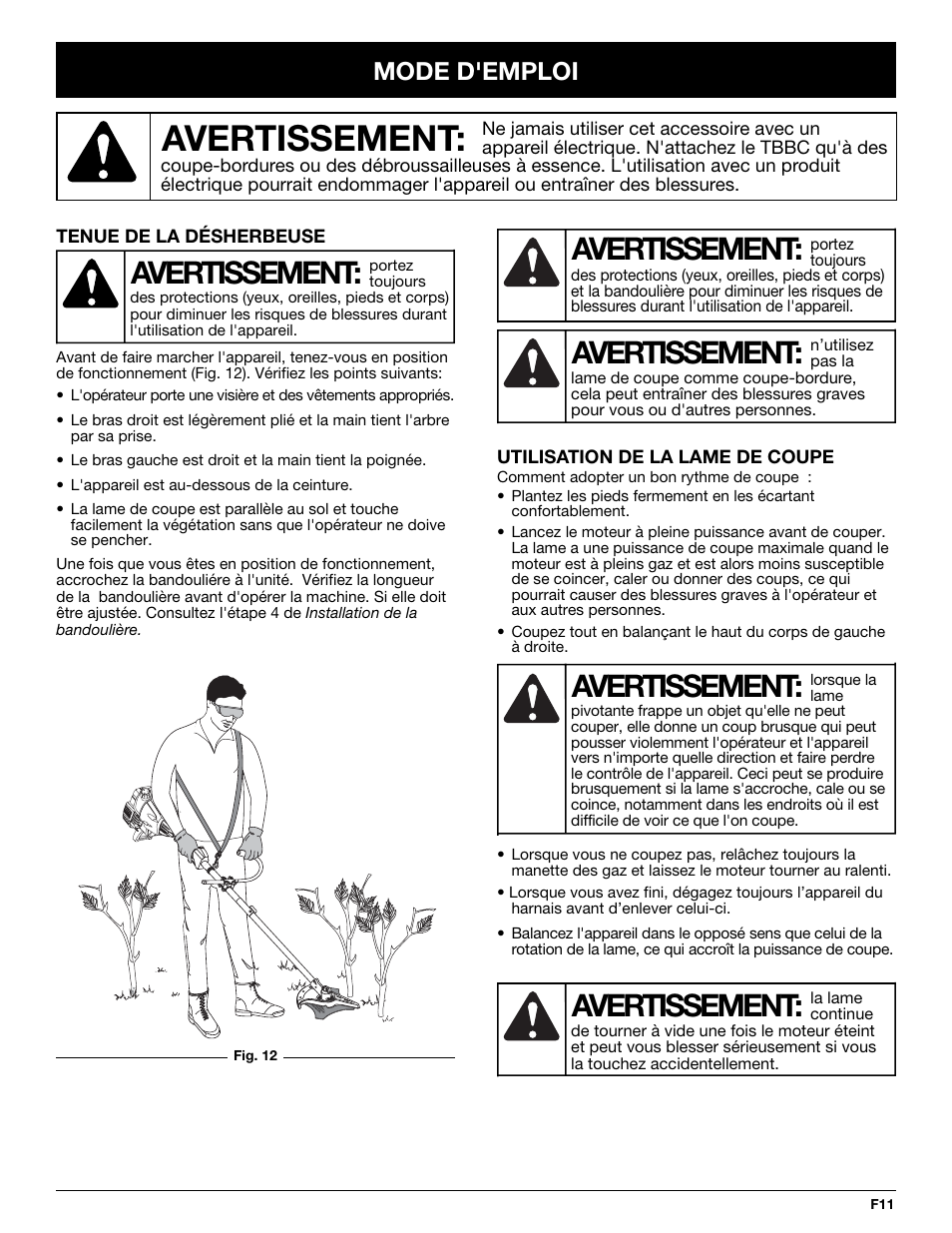 Avertissement, Mode d'emploi | MTD TBBC User Manual | Page 27 / 48