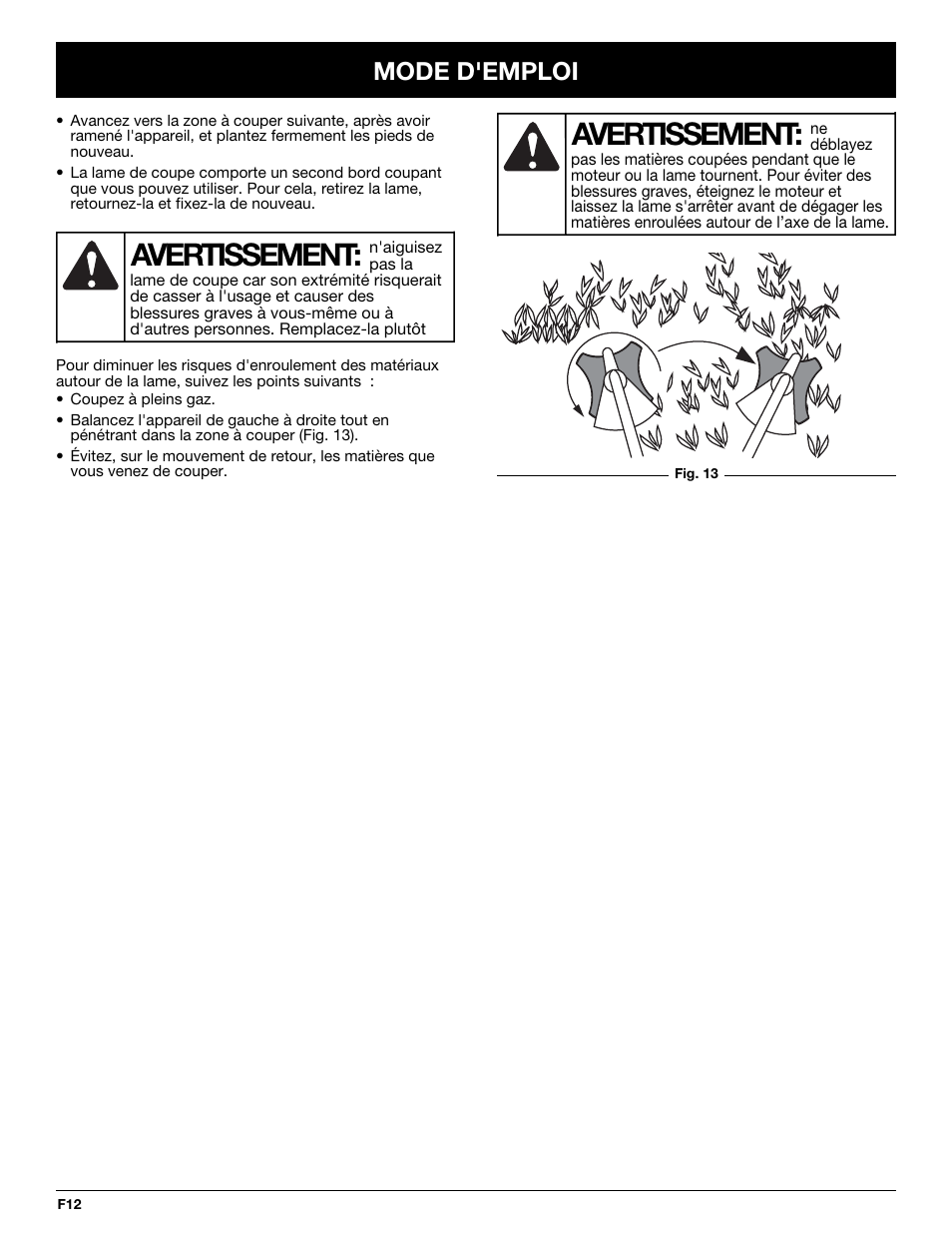 Avertissement, Mode d'emploi | MTD TBBC User Manual | Page 28 / 48